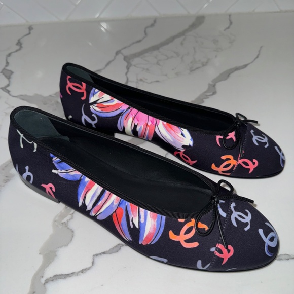 Chanel 24S Blue Printed Logo Multicolor CC Logo Bow Tie Ballet Ballerina Flat 41 - Picture 8 of 16